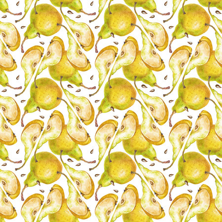 Seamless drawing of whole pears and pieces of fruit on a white background. Watercolor illustration. A botanical template for packaging, wallpaper, textiles and tableware, and health food stores.の写真素材