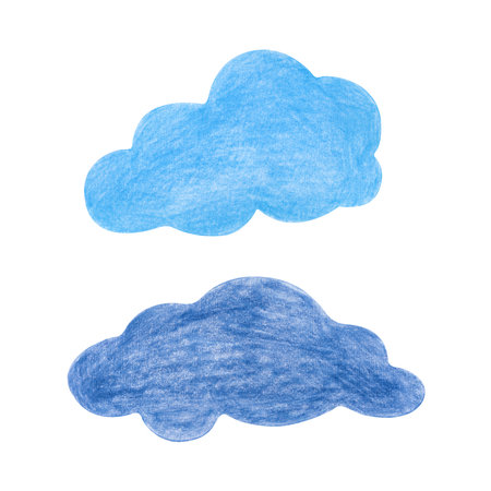 Two blue clouds, hand-drawn. The drawing with colored pencils is isolated on a white background. A child's drawing.の写真素材