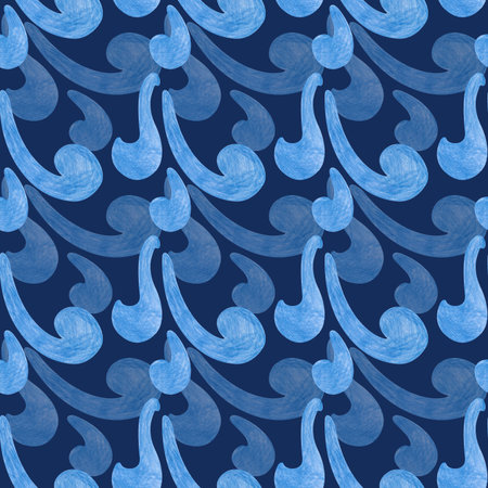 A hand-drawn seamless pattern depicting a stylized wind or a winter frosted pattern. Pencil drawing on a dark blue background. For packaging, textiles, wallpaper.の写真素材