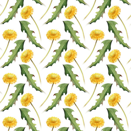 Seamless pattern with dandelions and green leaves, hand-drawn. A watercolor illustration with wildflowers is isolated on a white background. Seamless background for wallpaper, textiles, and tableware.の写真素材
