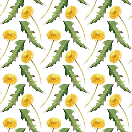 Vertical seamless hand-drawn pattern with dandelion flowers and green leaves. Watercolor illustration with yellow wildflowers on an isolated background. Seamless background for wallpaper, textiles, printing, tableware.の写真素材