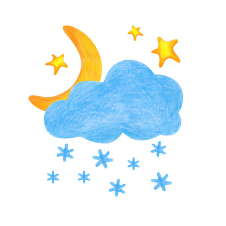 A crescent moon and golden stars peeking out of a snow cloud. Drawing with colored pencils on a white background. Isolated.の写真素材