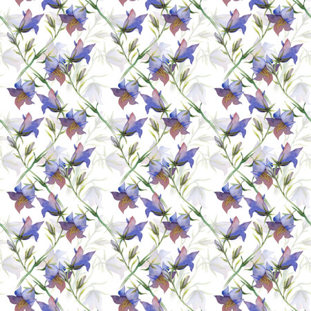 Watercolor seamless pattern with blue wildflowers. Botanical illustration with bluebells on a white background. Seamless background for wallpaper, textiles and printing.の写真素材