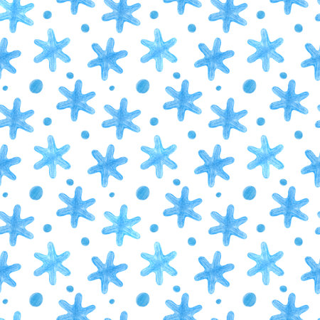 Winter seamless pattern with blue snowflakes on an isolated background. A repeating pencil drawing of snowfall for winter themes and festive decorations.の写真素材