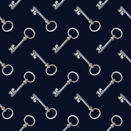 Vintage seamless pattern with rusty keys on a dark background. Watercolor illustration with realistic objects in natural colors. A template with keys for wallpaper design, packaging, textiles.の写真素材