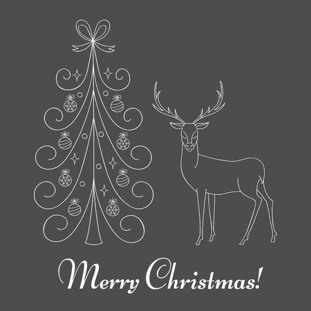 Christmas tree and reindeer, Merry Christmas and Happy New Year card, hand drawn line vector illustration.のイラスト素材