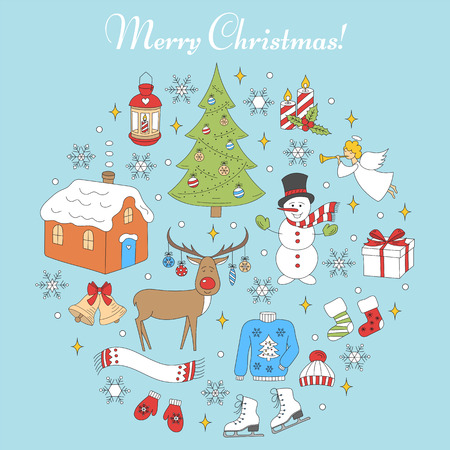 Christmas and New Year holiday icons set, vector illustrations hand drawn. Christmas tree, reindeer, snowman, snowflakes, angel, candles, village house, bells, lantern and socks isolatedのイラスト素材