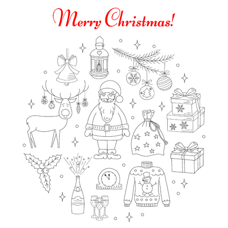 Christmas and New Year holiday line icons set, vector illustrations hand drawn. Christmas tree branch, Santa Claus with bag, reindeer, lantern, champagne, bells, gift box and holly leaves isolated.のイラスト素材