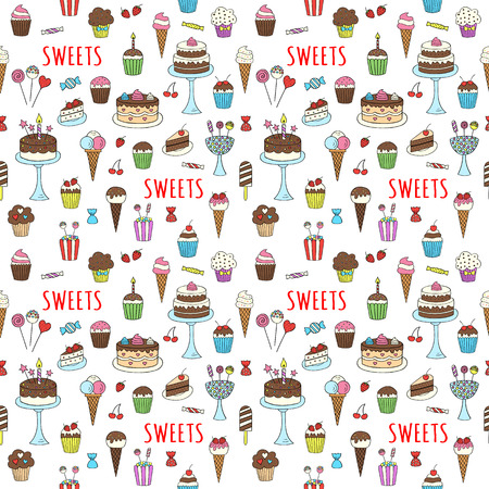 Sweets hand drawn doodle vector seamless background. Dessert illustrations pastries, birthday cake, cupcake, ice cream, candy, chocolate.のイラスト素材
