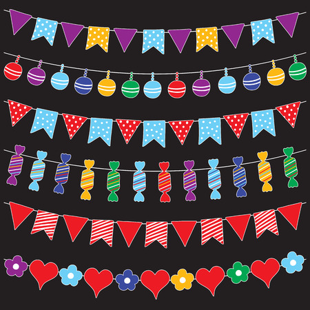 Colorful bunting flags and garlands, hand drawn vector.のイラスト素材