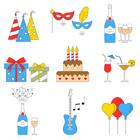 Party and celebration flat line vector icons set. Champagne, balloons, birthday cake, guitar, cocktails and gift boxes.のイラスト素材