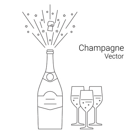 Vector bottle of champagne explosion and glasses line illustration isolated on white background.のイラスト素材