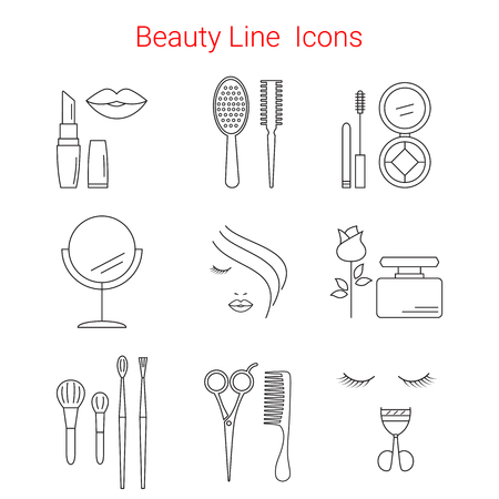 Makeup, Cosmetic and Beauty Vector line icons. Beauty logo design elements. Symbols and icons for fashion, beauty salon, spa, hairdressers or wellness centers. Women accessories.のイラスト素材