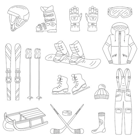Winter sports collection, snowboard equipment, boots, board, helmet, goggles, protective clothing, ski kit, ice skates, sledge, isolated Winter activity icons hand drawn doodle vector illustrationのイラスト素材