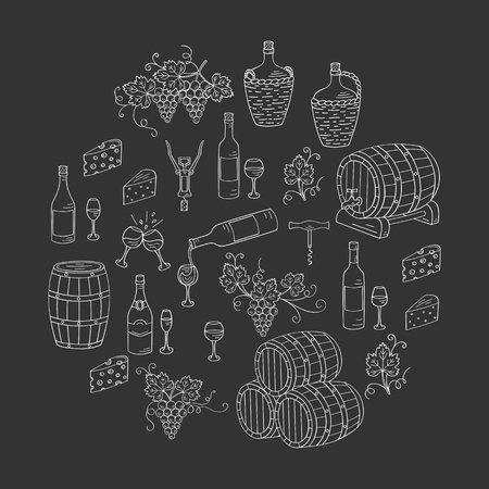 Wine and wine making set vector illustrations hand drawn doodle, bottles, glasses, grapes, wine tasting, cheese, champagne, barrels, cellar. Wine design elements on chalkboard.のイラスト素材
