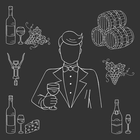 Young man tasting a glass of wine vector illustration hand drawn doodle sketch. Wine and wine making set sommelier, bottles, glasses, grapes, cheese, champagne, barrels, corkscrew on chalkboard.のイラスト素材