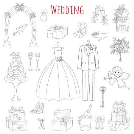Vector set of hand drawn wedding icons wedding dress, suit, cake, cupid angel, bouquet, ring, arch, gift box, birdcage, champagne isolated doodle sketch illustrations.のイラスト素材