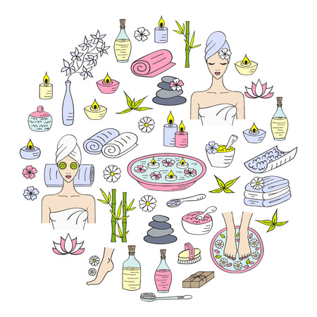 Spa hand drawn doodle icons. Vector illustrations of Beautiful woman spa treatment, beauty procedures, therapy, massage, foot bath, wellness.のイラスト素材