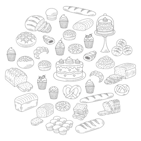 Bakery and pastry collection with various sorts of bread, croissant, pretzel, french baguette, rolls, bagels, cupcake, cakes, muffins. Hand drawn doodle style vector illustrations isolated on white.のイラスト素材