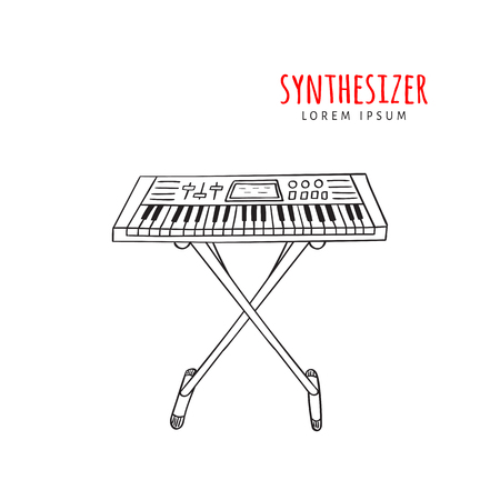 Electronic piano synthesizer vector illustration hand drawn doodle isolated. Musical instrument sketch. Music icon.のイラスト素材