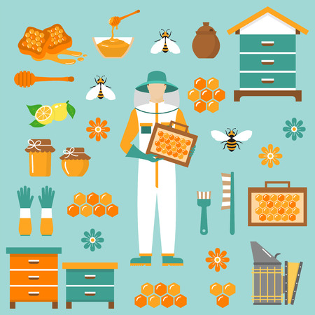 Honey beekeeping vector flat icons setのイラスト素材
