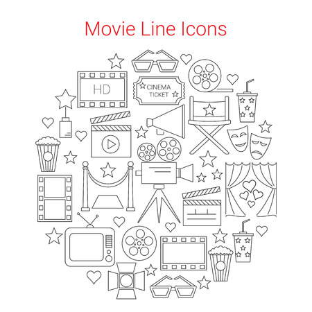 Movie Vector Line Icons set Circular Shaped. Cinema symbols. Movie camera, filmstrip, clapperboard, popcorn.のイラスト素材