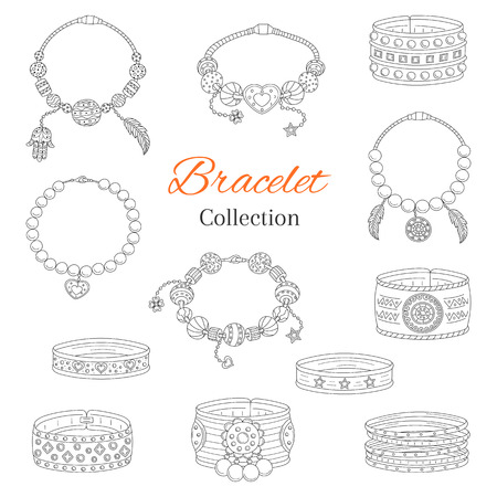 Fashionable bracelets collection, vector hand drawn doodle illustration.のイラスト素材
