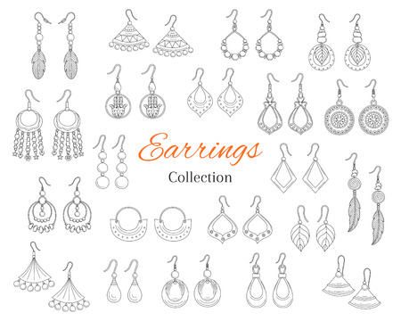 Fashionable earrings collection, vector hand drawn doodle illustration.のイラスト素材