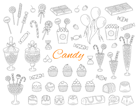 Candy set vector hand drawn doodle illustration. Different types of sweets, candies, lollipops, sweetmeats, chocolates, glass candy jars, isolated on white background.のイラスト素材