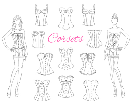 Corsets collection with beautiful fashion models, vector illustration.のイラスト素材