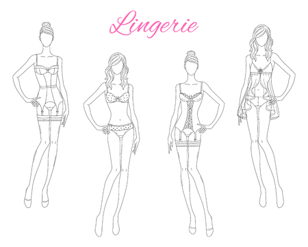 Beautiful fashion models in lace lingerie, vector illustration isolated on white background.のイラスト素材