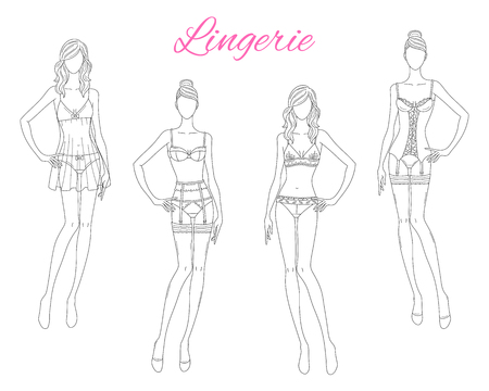 Beautiful fashion models in lace lingerie, vector illustration isolated on white background.のイラスト素材