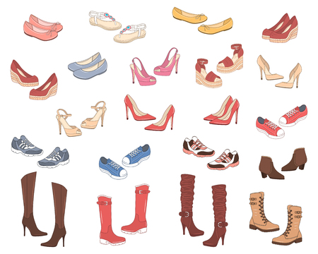 Women shoes collection. Various types of female shoes boots, stilettos, wedgies, sandals, sneakers, flats, vector sketch illustration, isolated on white background.のイラスト素材