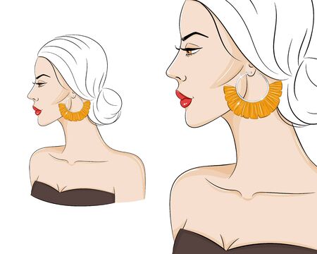 Beautiful woman in profile wearing stylish boho jewelry, vector sketch illustration. Fashion model with tassel earringsのイラスト素材