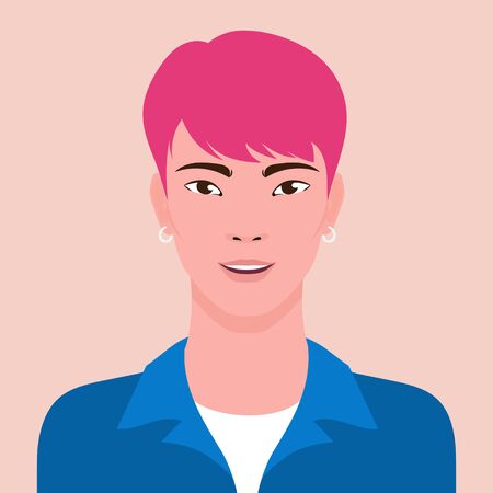 Portrait of a young Asian hipster smiling man, vector flat illustration. Asian handsome guy avatar.のイラスト素材