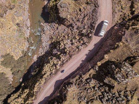 Aerial view of dangerous mountain road in Andes, Peruの写真素材