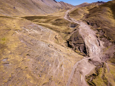 Aerial view of high-mountain path in Andes, South Americaの写真素材