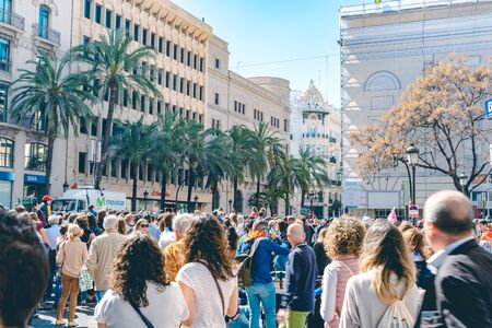 Valencia, Spain, March 18, 2018: Big crowd in Valencia city center watching pyrotechnic show.  Fallas celebration.のeditorial素材