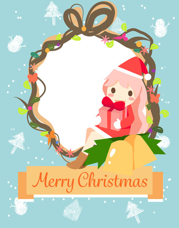 a Santa girl give a present to chid.Can use for Christmas cardのイラスト素材