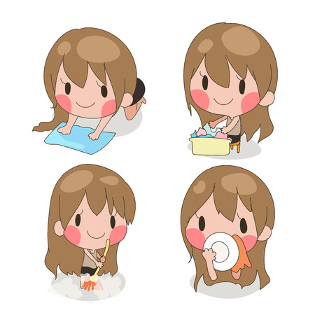 set of cute girl do housework.She cleanning washing.vector illustration isolated  in white backgroundのイラスト素材