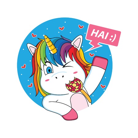 unicorn who is greeting with lollipop cartoonのイラスト素材