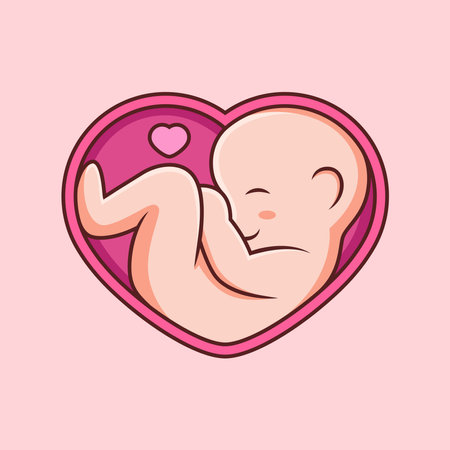 Illustration of Baby in a Belly with Cute Pose and Love. Isolated on Pink Backgroundのイラスト素材