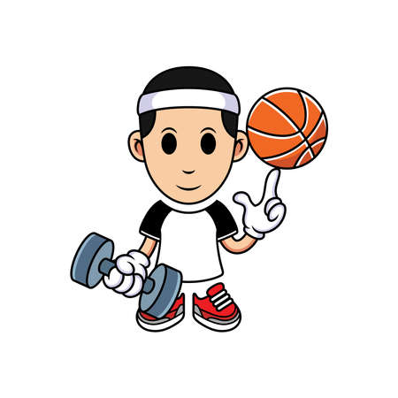 Simple cartoon boy playing basketball with barbell. Vector Cartoon Illustration in white background.のイラスト素材