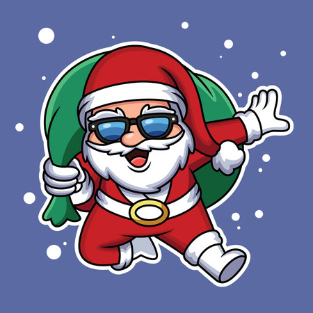 Cute Santa carrying a christmas gift with funny expression. Vector cartoon illustration.のイラスト素材