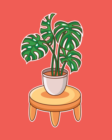 Cute monstera leaf isolated on pot on red background. Cartoon Illustration. Stylish design for print, poster, banner.のイラスト素材
