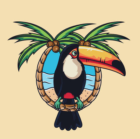 Toucan bird with beach background. cute animal vector cartoonのイラスト素材