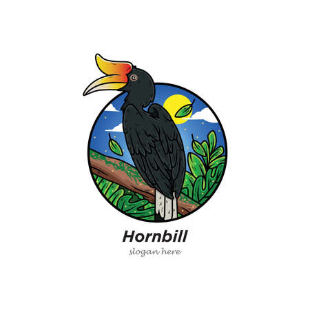 great hornbill bird cartoon bird with forest backgroundのイラスト素材
