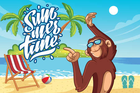 cartoon chimpanzees are enjoying a holiday on the beachのイラスト素材