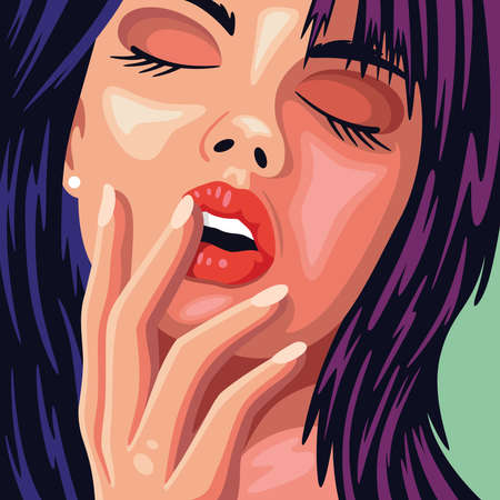 female model's face with her chin in her handsのイラスト素材