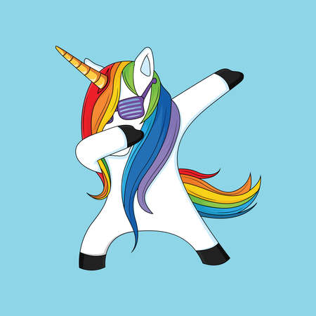 Dabbing Unicorn with Blue Background. Vector Animal Cartoon Illustrationのイラスト素材